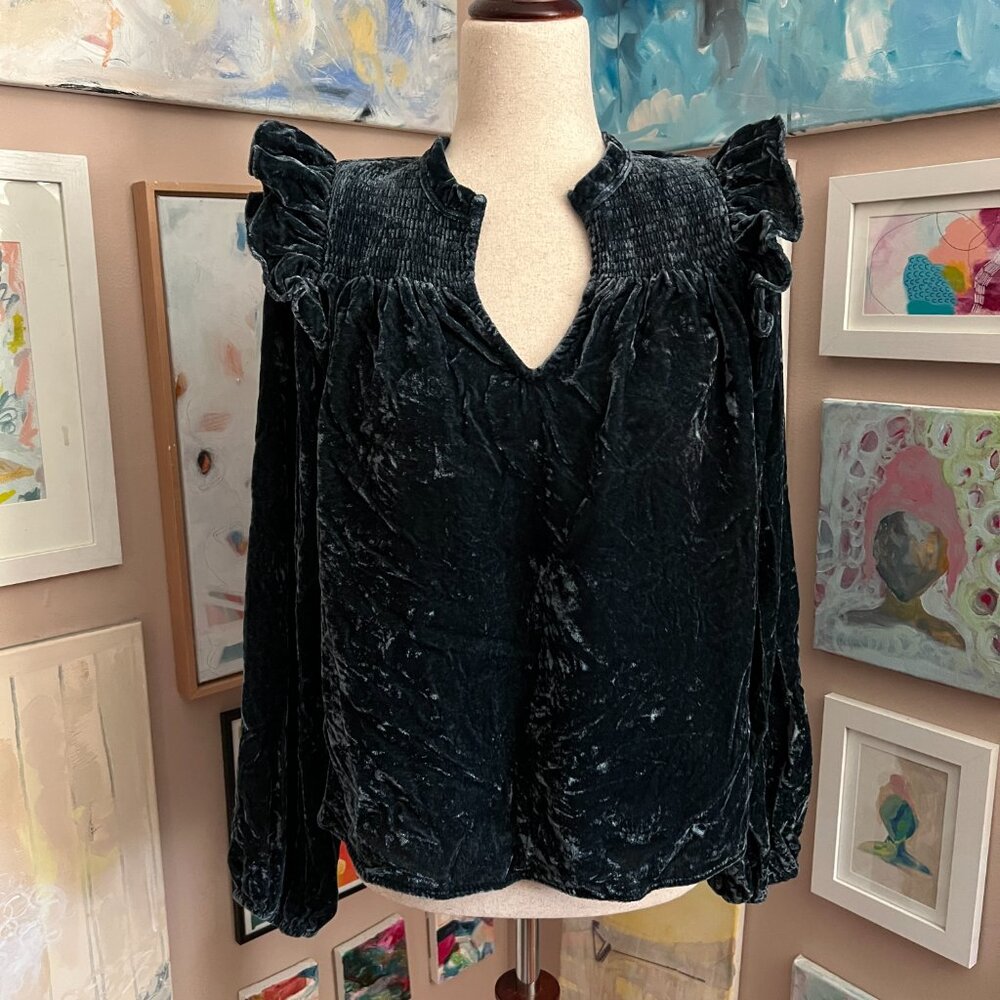 Evereve Dark Teal Velvet Ruffle‎ Smocked Long Sleeve Romantic Boho Blouse Top M